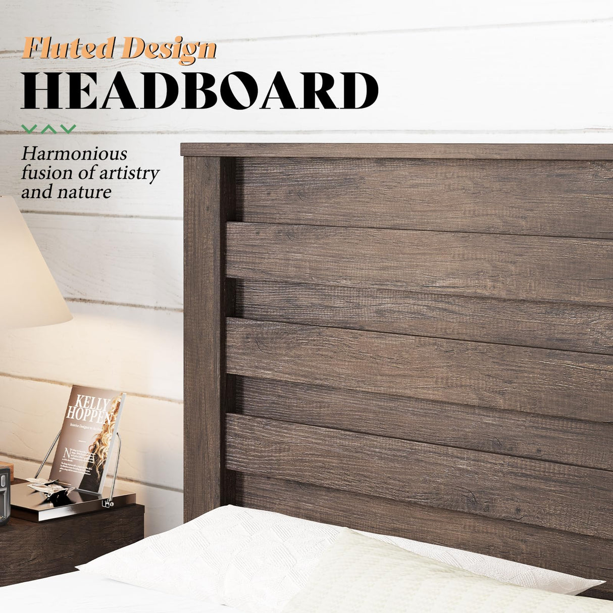 AMERLIFE Farmhouse King Size Bed Frame with 49" Fluted Headboard, Wood Platform Bed with Natural Grain, No Box Spring Needed/Noise Free, Gray AMERLIFE