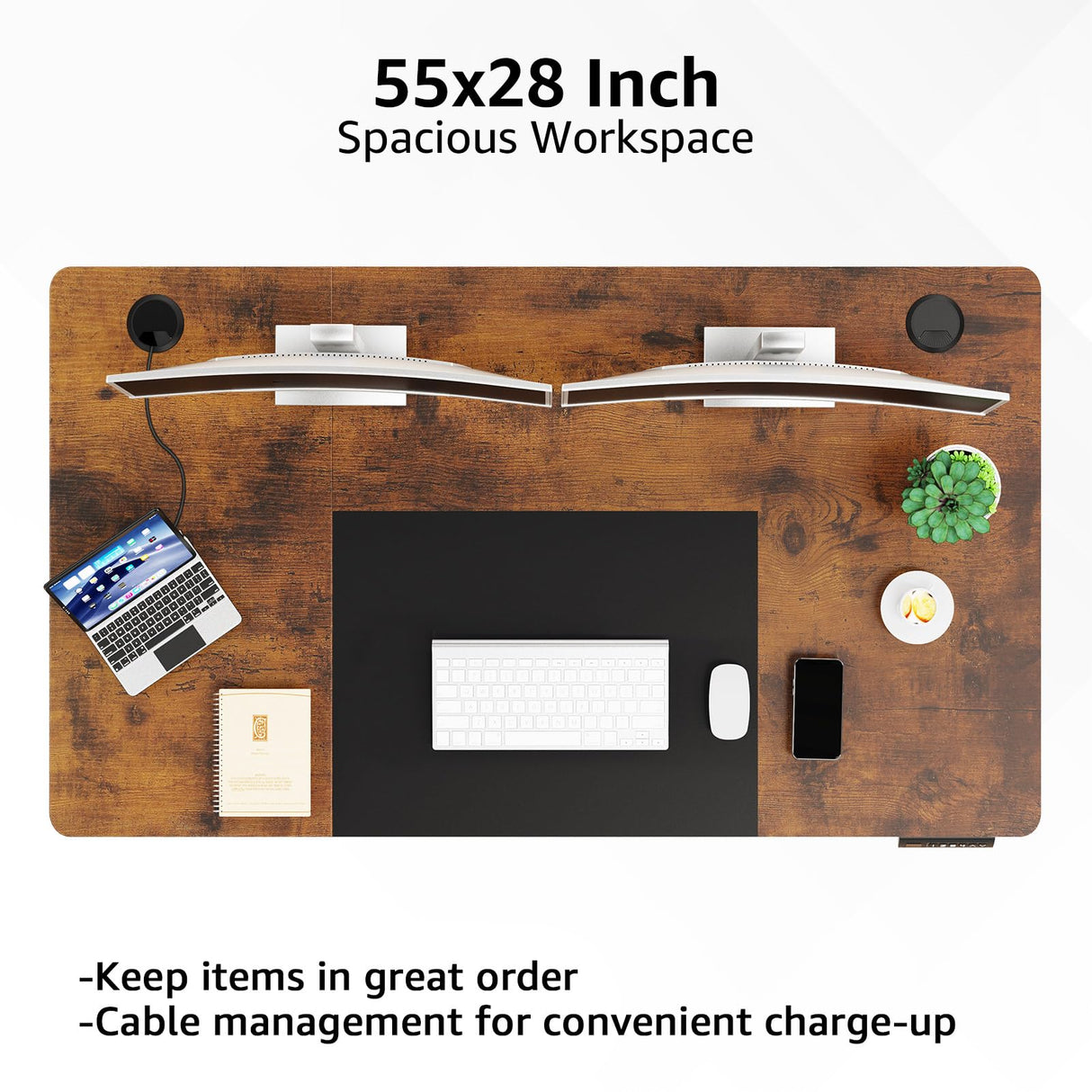 MOUNTUP 55x28 Inches Electric Height Adjustable Standing Desk, Sit Stand Desk with Memory Controller, Ergonomic Stand Up Desk for Home Office with Splice Board, Rustic Brown+Black MOUNTUP