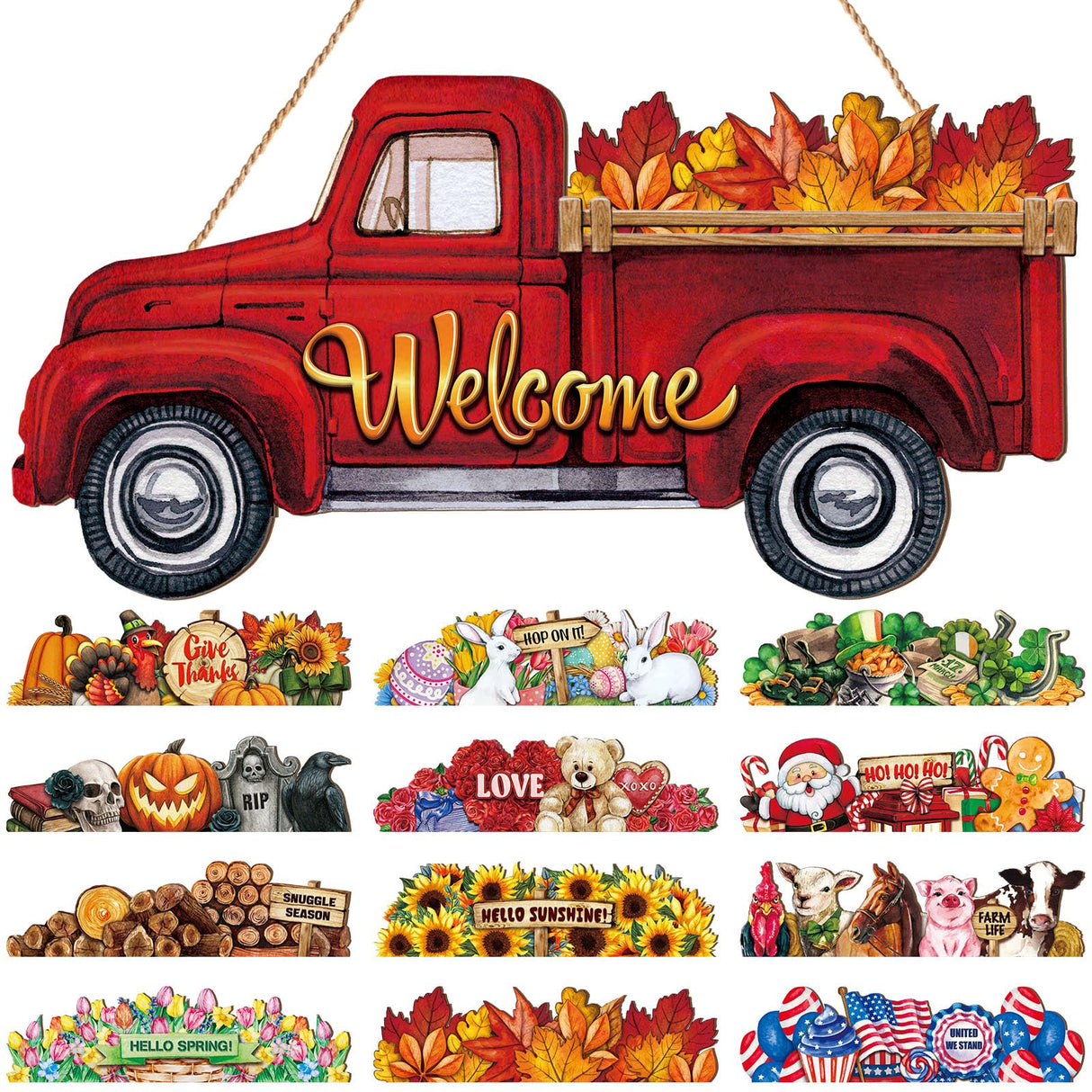 Ferraycle 13 Pcs Interchangeable Welcome Sign Red Truck Decor Welcome Sign Rustic Farmhouse Holiday Decor with 12 Holiday Signs for Fall Thanksgiving Christmas Ferraycle
