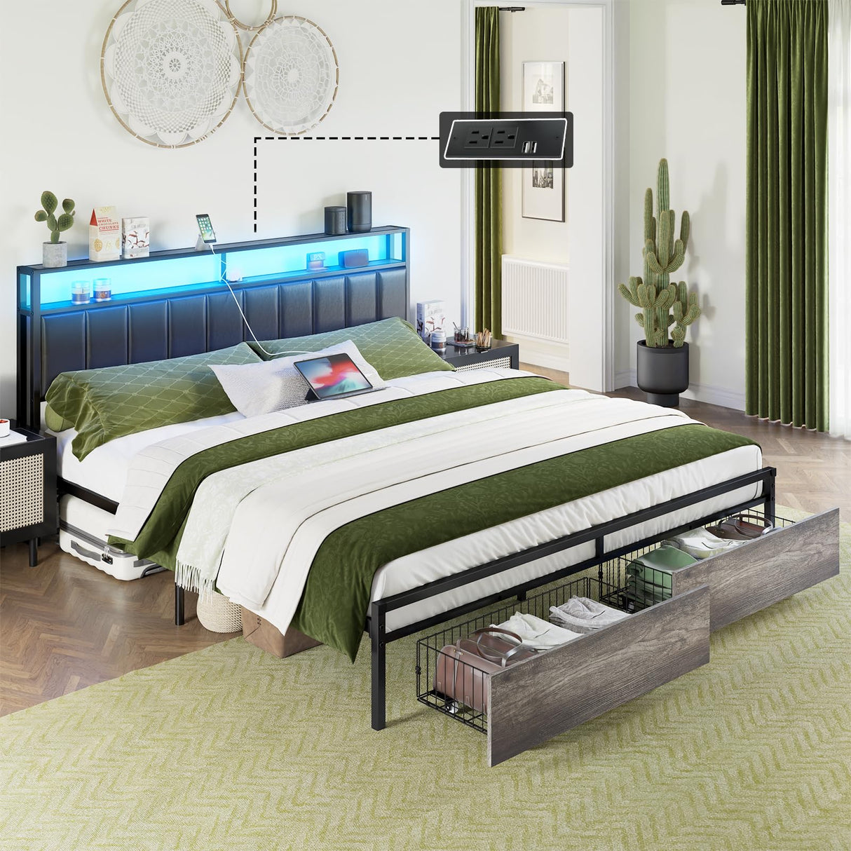 AMERLIFE Rustic Grey LED King Bed Frame with Storage Drawers & Charging Station Headboard AMERLIFE