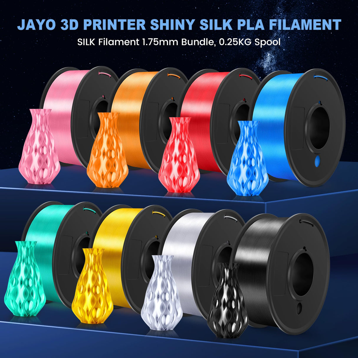 JAYO Silk PLA Filament Bundle 1.75mm, Silk 3D Printer Filament Bundle Multicolor, Individually Vacuum Packed, 8 Pack, Shiny Silk 2KG in Total, Light Gold+Silver+Black+Blue+Red+Green+Orange+Pink JAYO