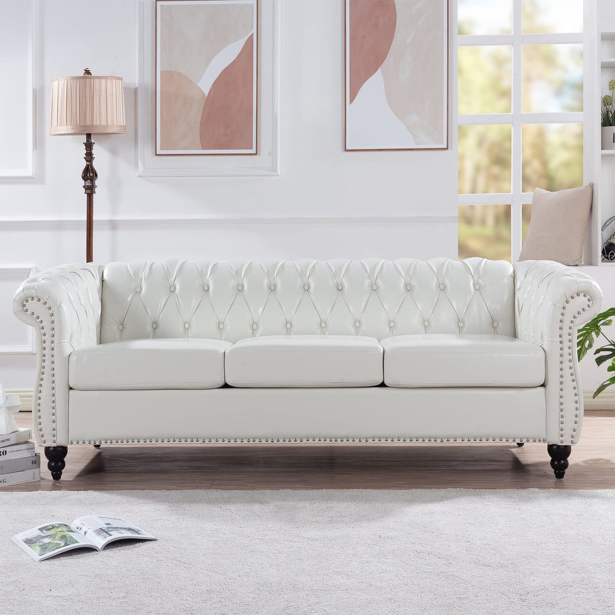 LEVNARY Chesterfield Sofa, Classic Tufted Upholstered Leather Couch, Modern 3 Seater Couch Furniture with Tufted Back for Living Room Office (Cream White) LEVNARY
