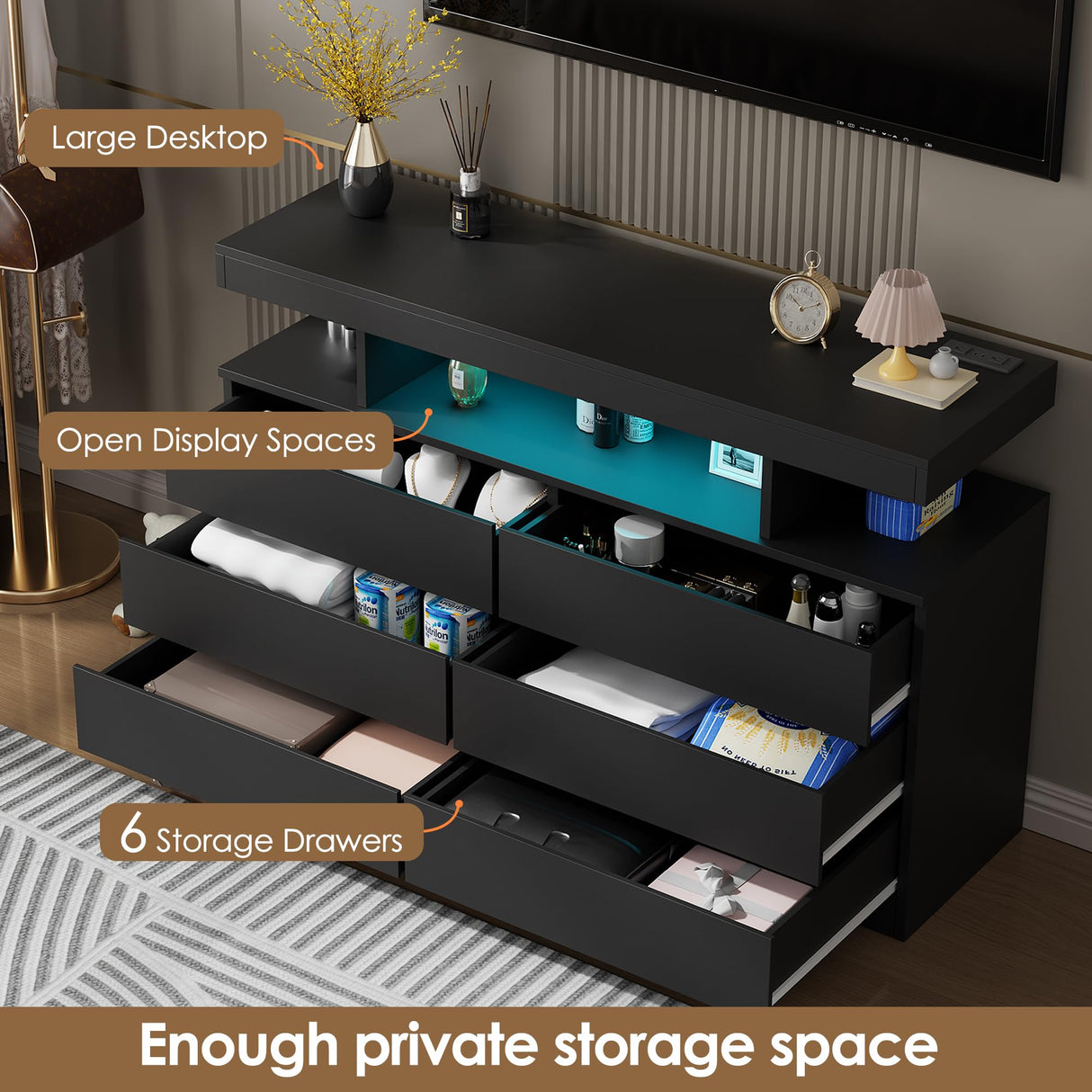 BEWISHOME Black Dresser for Bedroom with Charging Station and LED Lights, 6 Drawer Dresser Chests of Drawers, Wood Dressers for Closet, Modern Wide Dressers with Open Space, TV Stand, Black KCG02B BEWISHOME