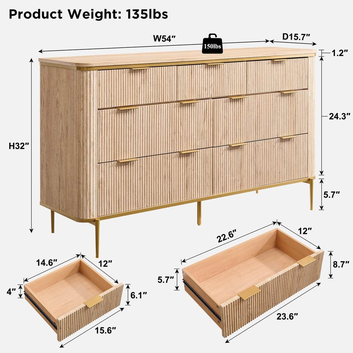 T4TREAM Fluted 7 Drawers Dresser for Bedroom, 54" Wide Modern Dresser TV Stand, Gold Accents, Fluted Fronts, Wood Storage Dressers Organizer for Bedroom, Living Room, Natural Oak T4TREAM