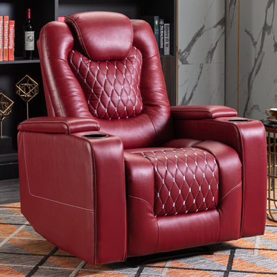 ANJ Power Recliner Chair with USB Ports and Cup Holders - Overstuffed Electric Home Theater Seating PU Leather Reclining Furniture with Hidden Arm Storage, Easy to Clean (Red)