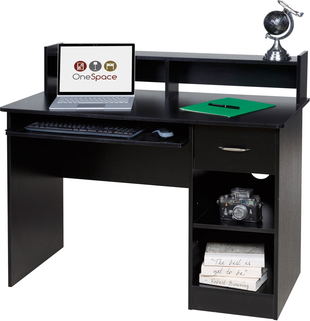 OneSpace Essential Black Computer Desk with Hutch & Pull-Out Keyboard Tray OneSpace