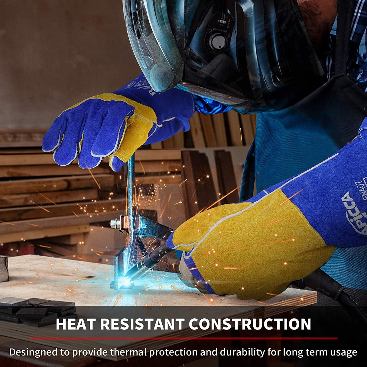 RAPICCA Welding Gloves Fire Heat Resistant: Blue 16IN 932℉ - Fireproof Leather For Stick Mig Flux-Core Welder Forge Blacksmith Fireplace Wood Stove Fire Pit Furnace Handling Dry ice - One Size RAPICCA