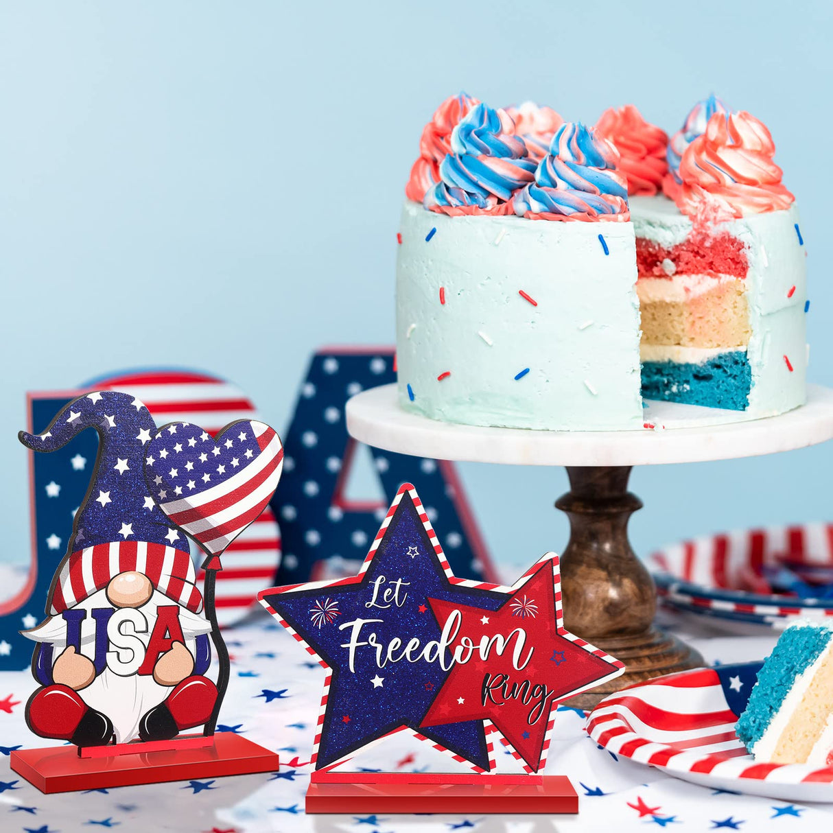 Qunclay 6 Pieces Patriotic Table Decor Memorial Day Table Decorations Wooden Gnome Freedom Truck Star 4th of July Table Signs for Veterans Day Independence Day Table Topper Decor Supplies (With Base) Qunclay