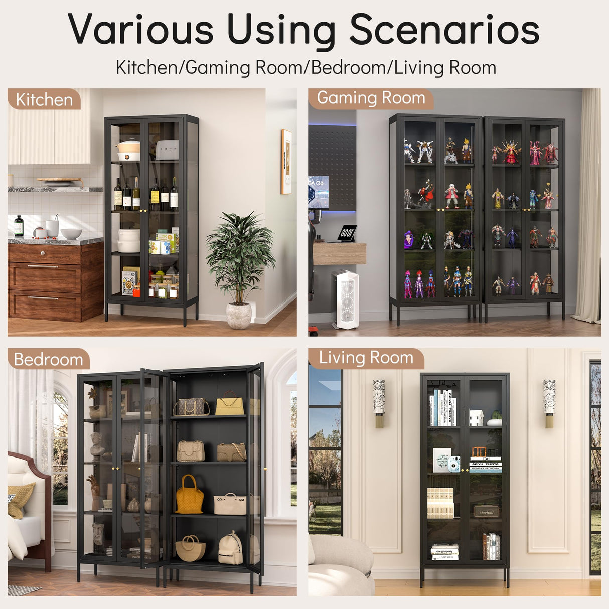 Polup Display Cabinet with 3 Side Tempered Glass, 66" Tall Curio Cabinet with Doors, Black Display Case for Collectibles, Figures, Metal Storage Cabinet for Living Room, Home Office, Assemble Required Polup