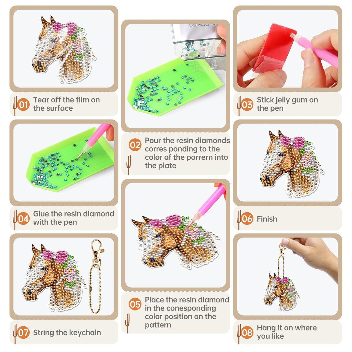 Keluna Diamond Art Horse Keychains - 12 Pcs Diamond Painting Keychains Kits, Western Cowboy Watercolor Flower Horse, DIY Key Chain Crafts Art Kits for Adult Keluna