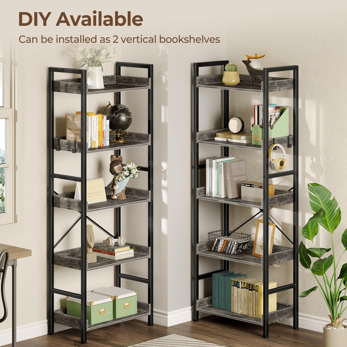 Rolanstar Bookshelf 5 Tiers, Triple Bookcase with Open Display Shelves, Industrial Wide Bookshelf with Metal Frame for Living Room, Office, Grey Rolanstar