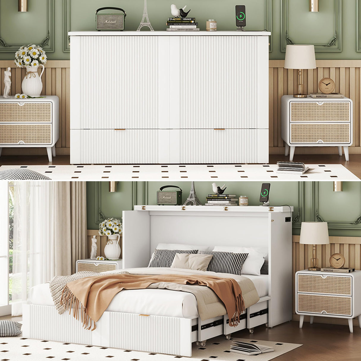 Harper & Bright Designs Full Size Murphy Bed Wall Bed with Storage Drawers and a Set of Sockets & USB Ports, Pulley Structure Design, Space-Saving for Multipurpose Guest Room or Home Office, White Harper & Bright Designs