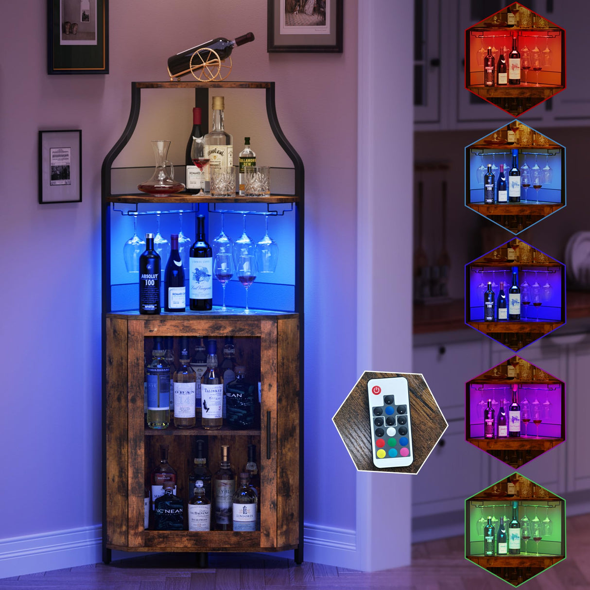 coucheta Corner Bar Cabinet, Wine Bar Cabinet with Led Lights and Adjustable Shelf, Corner Liquor Cabinet with Glass Holder and Storage Space, Rustic Brown coucheta