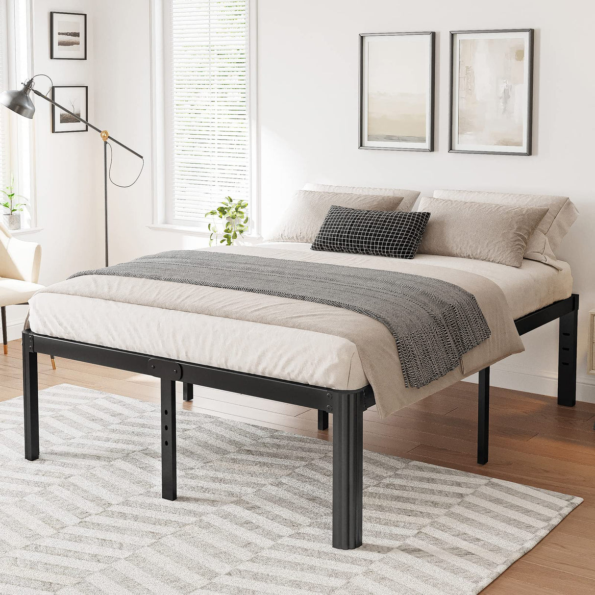 Hunlostten 14in High King Bed Frame No Box Spring Needed, Heavy Duty King Platform Bed Frame with Round Corners, Easy Assembly, Noise Free, Black Hunlostten