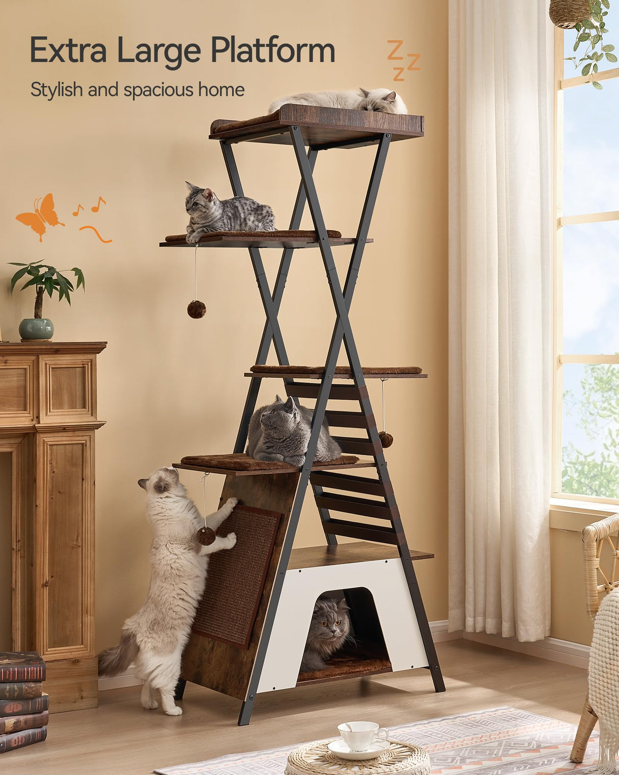 FourFurPets 72.4" Modern Cat Tower for Indoor Cats - Multi-Level Condo With Caves, Tall Tree With Scratching Board, Wooden Tower With Large Perch, Removable Pads, Rustic Brown FourFurPets