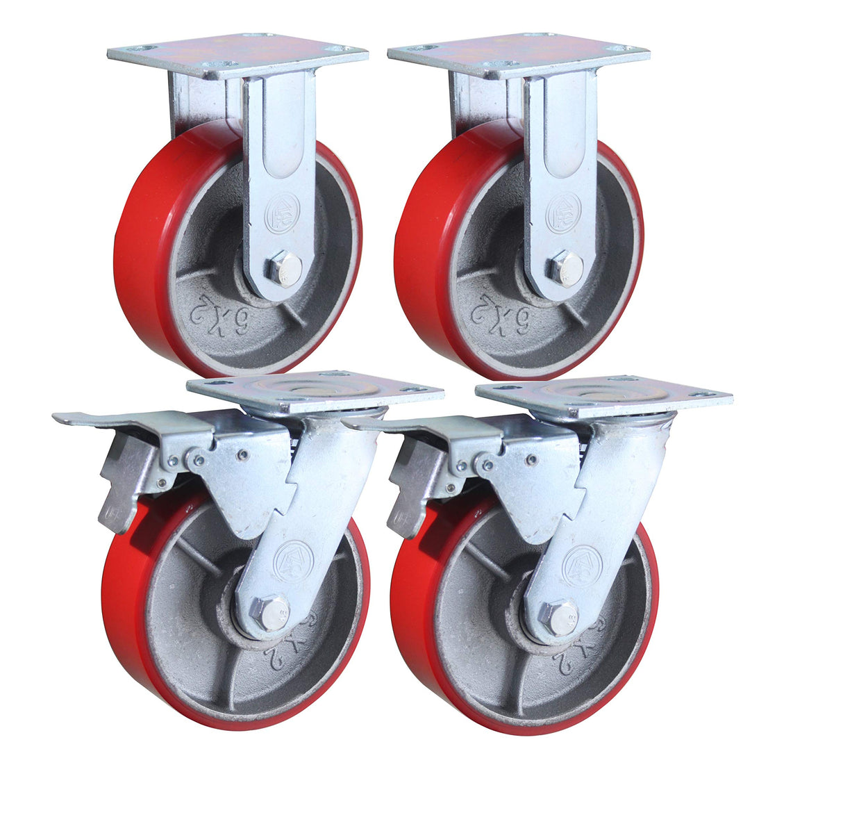 6 Inch - 6" X 2" Industrial Casters - 2 Fixed and 2 Swivel Caster Wheels with Brakes - Cast Iron Plate Casters Set of 4 Heavy Duty - 3500 lb Capacity - Foghorn Construction Foghorn Construction
