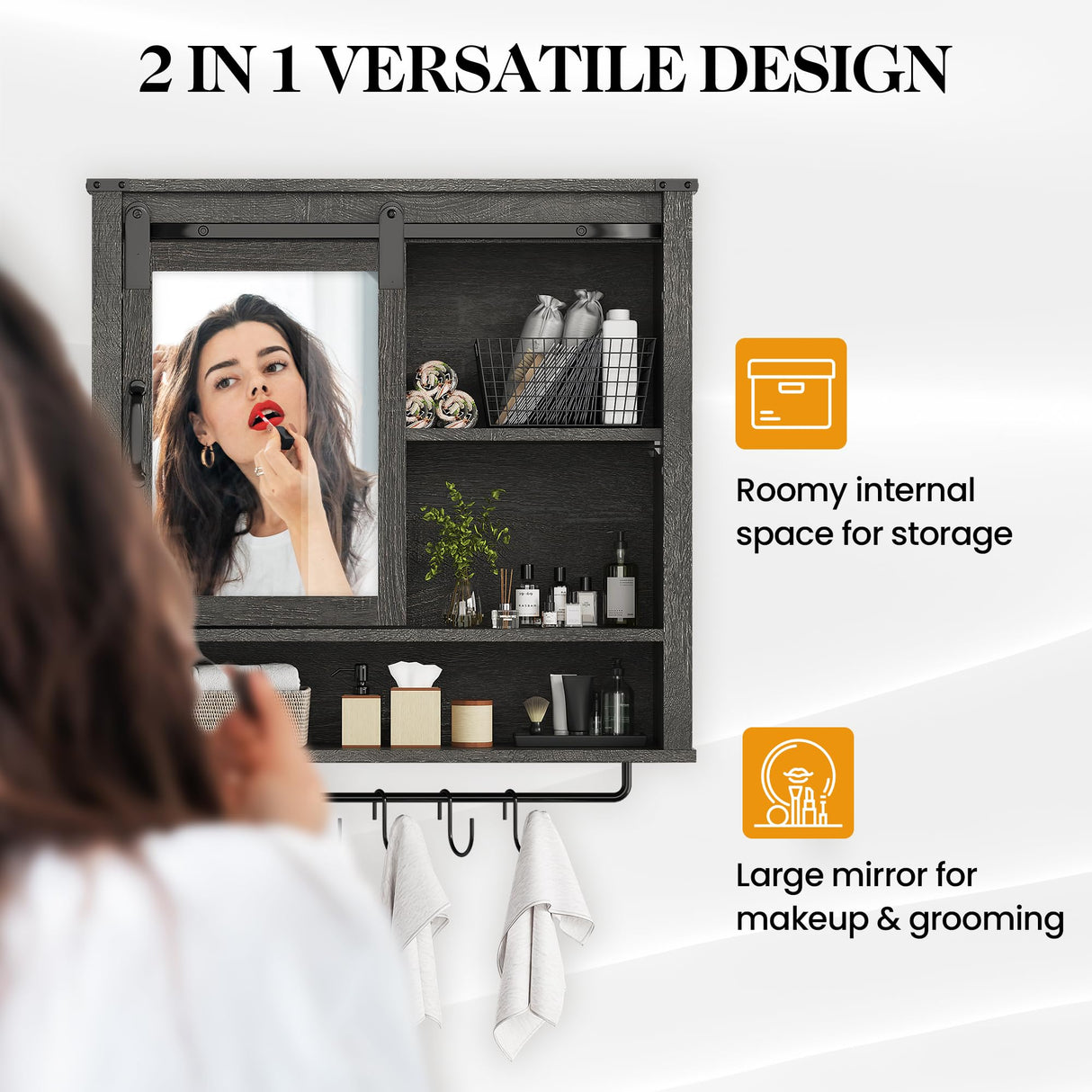 RoyalCraft 28in Bathroom Cabinet Wall Mount with Sliding Mirror Door, Over The Toilet Storage Cabinet, Farmhouse Medicine Cabinet with Shelves and Towel Bar for Living Room, 28" W x 29" H, Dark Grey RoyalCraft
