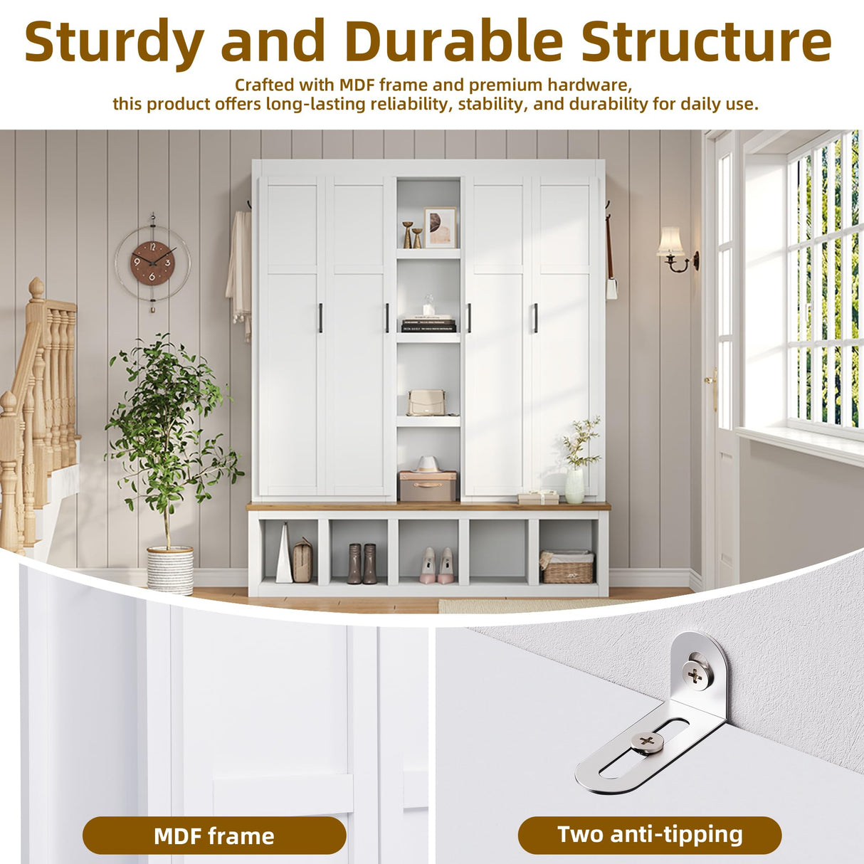 LUMISOL 4-in-1 Farmhouse Hall Tree with Wood Grain Bench and 8 Open Compartments, 62.9" Wide Entryway Bench with Storage Unit and 6 Hooks, Rustic Coat Rack for Hallway Living Room, White LUMISOL