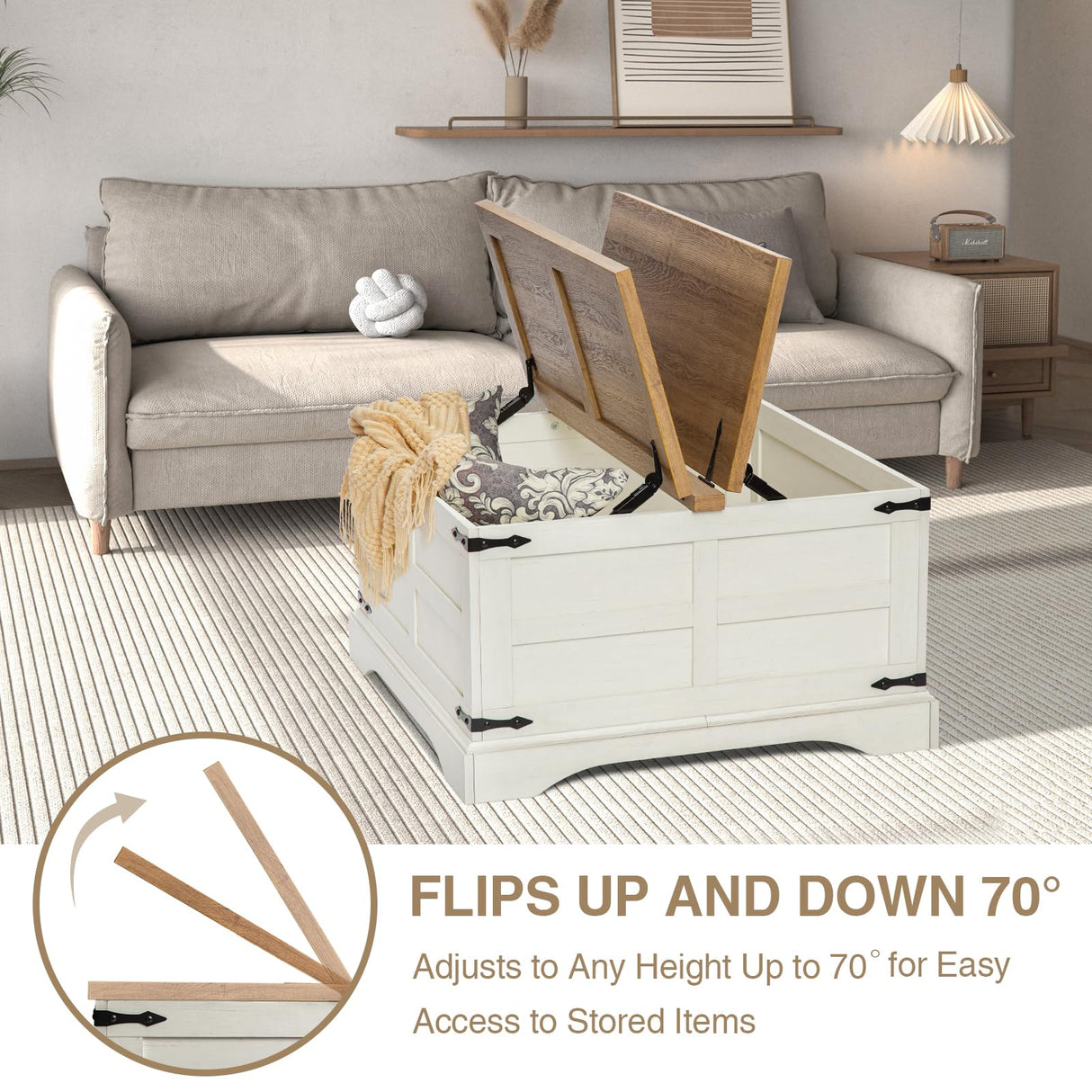 Wnutrees Farmhouse Coffee Table with Hinged Lift Top and Large Hidden Storage Compartment, Rustic Square Wood Central Table for Living Room, Bedroom, Home Office, Antique White Wnutrees