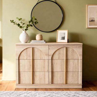 ACCOHOHO Arched 6 Drawers Dresser for Bedroom, 47.3" Wide Modern Chest of Drawers with Rounded Edge & Metal Handles, Wood Storage Closet Dressers, Natural Oak