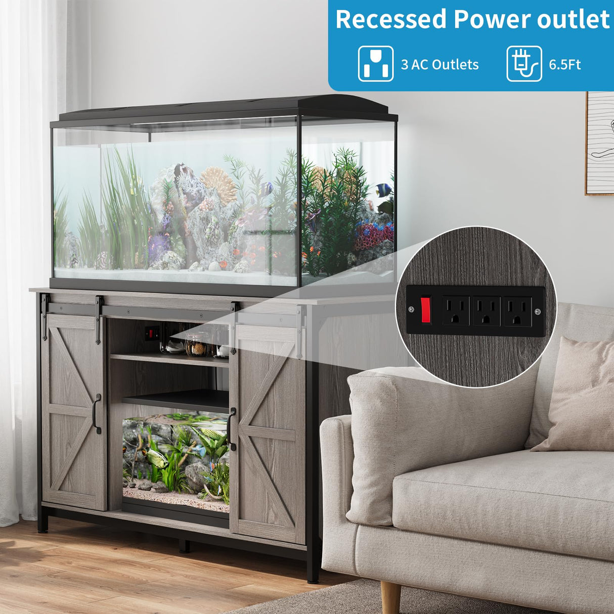 VOWNER Farmhouse 55-75 Gallon Fish Tank Stand with Power Outlet, Aquarium Stand with Storage Cabinet and Sliding Barn Door, Heavy Duty Reptile Tank Stand, for 2 Tanks, 1000LBS Capacity, Grey VOWNER