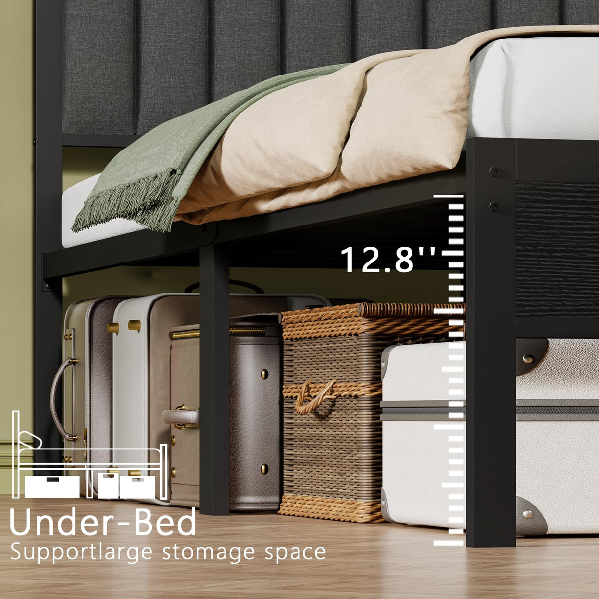 Furnulem Queen Size Bed Frame with Charging Station and LED Lights, Platform Bed with Metal Slats, Grey Upholstered Headboard with 2-Tier Storage Shelves, No Box Spring Needed Furnulem