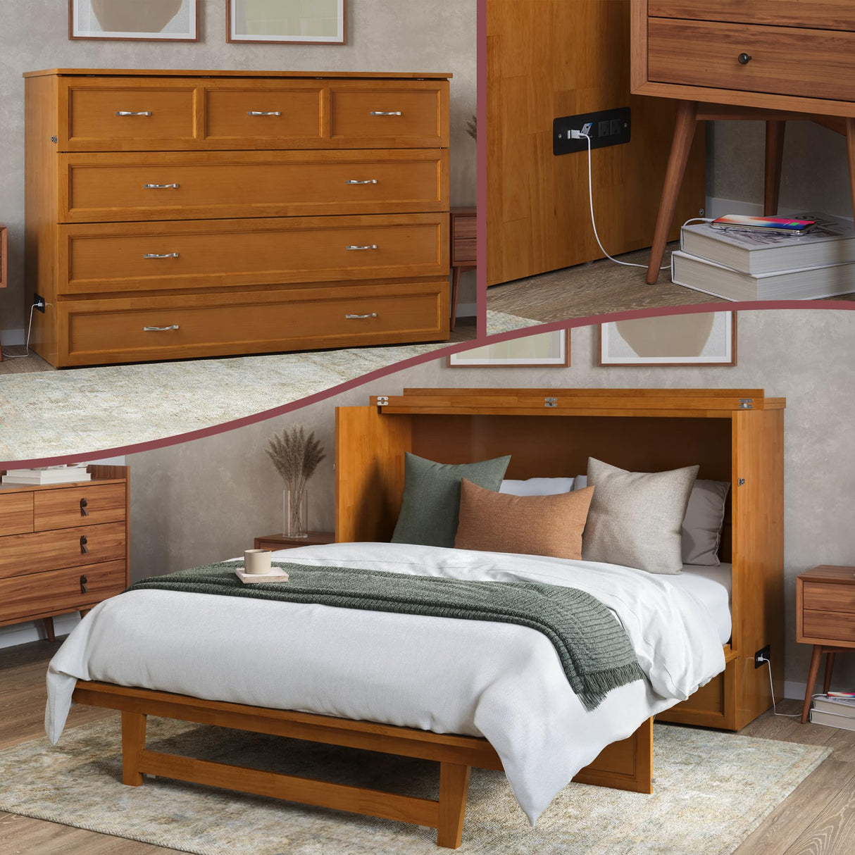 AFI, Northfield Queen Murphy Bed Chest with 6" Mattress, Storage Drawer & Built-in USB Charger, Light Toffee AFI