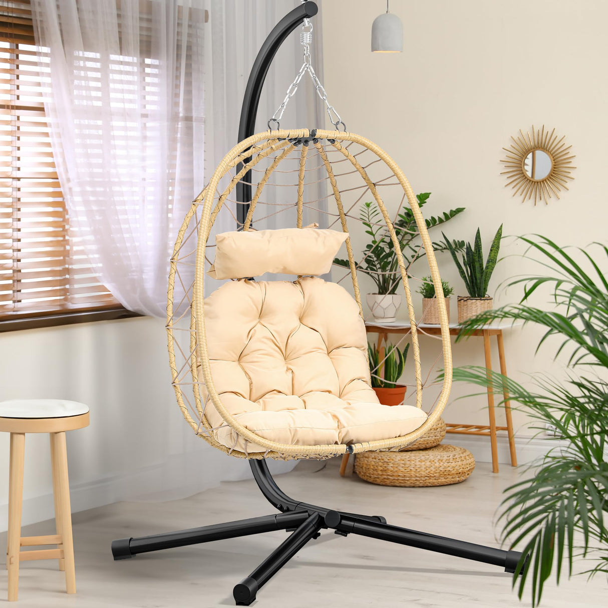 YITAHOME Hanging Egg Chair with Stand Swing Chair Wicker Indoor Outdoor Hammock Egg Chair with Cushions 330lbs for Patio, Bedroom, Garden and Balcony, Single, Beige YITAHOME