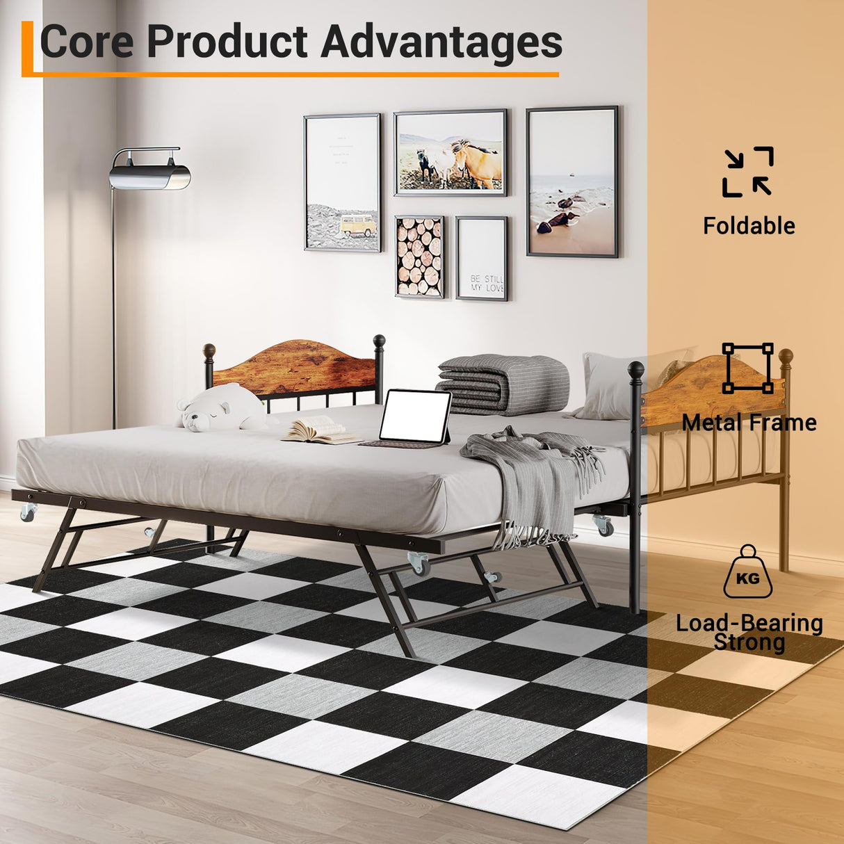 Garvee Twin Daybed with Trundle, Twin Bed Frame with Sturdy Metal Foldable Trundle, Sofa Bed with Stylish Headboard for Living Room, Bedroom and Guest Room, Black Garvee