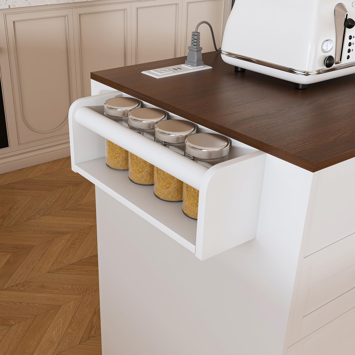 Ball & Cast 74.8" Kitchen Island with Extendable Dining Table & Power Outlet,Rolling Storage Cart on Wheels with 3 Drawers & 2 Door,Rolling Bar Table Cabinet for Dining Room,White Ball & Cast