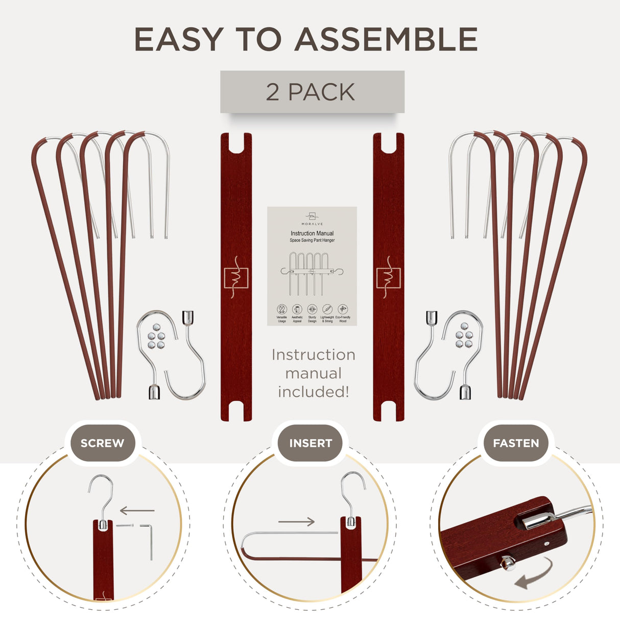 MORALVE Pants Hangers Space Saving - 2 Pack European Beechwood Scarf and Jean Hangers - Closet Organizer and Space Saver Pant Rack, Leggings Hanger, and Scarf Holder with 360° Swivel Hook MORALVE