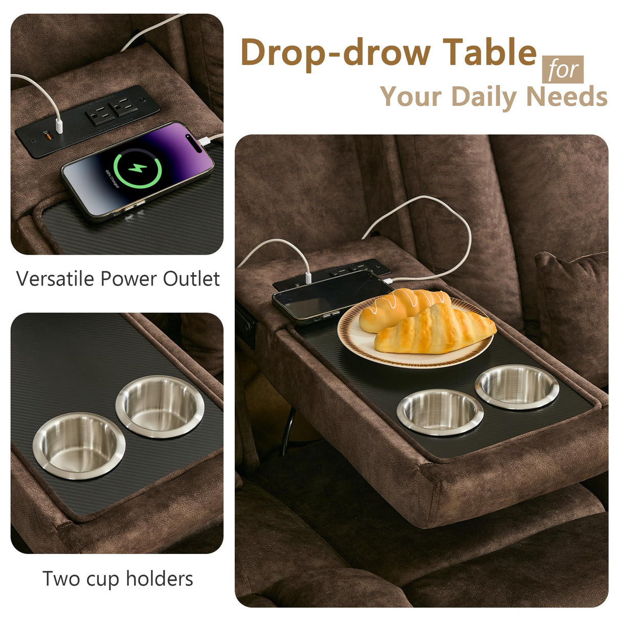 URRED Loveseat Rocker Recliner Sofa with Console, Manual Reclining Loveseat RV Couch Double Rocking Chair Nursery with Cup Holders, Side Pocket, Bluetooth Speaker, USB, Outlets (Brown) URRED