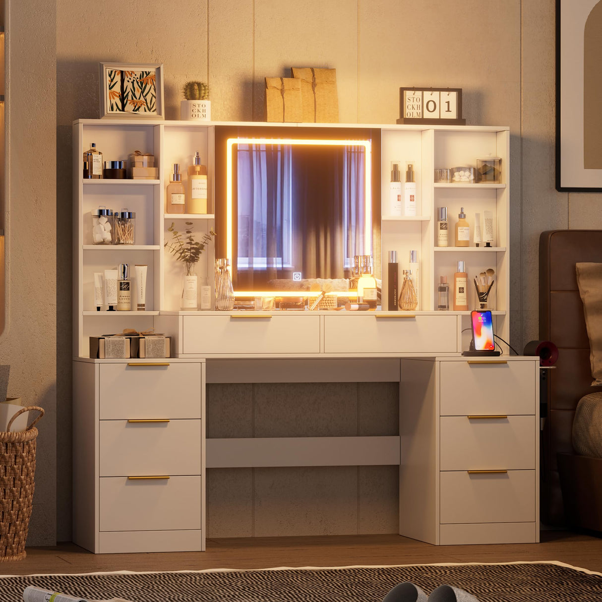 FURNJOYLIFE Large Makeup Vanity Desk with Lighted Mirror & Power Outlet,Vanity Desk Dresser Table with 3 Lighting Modes Brightness Adjustable,Drawers,Shelves,Hair Dryer Stand for Bedroom,White FURNJOYLIFE