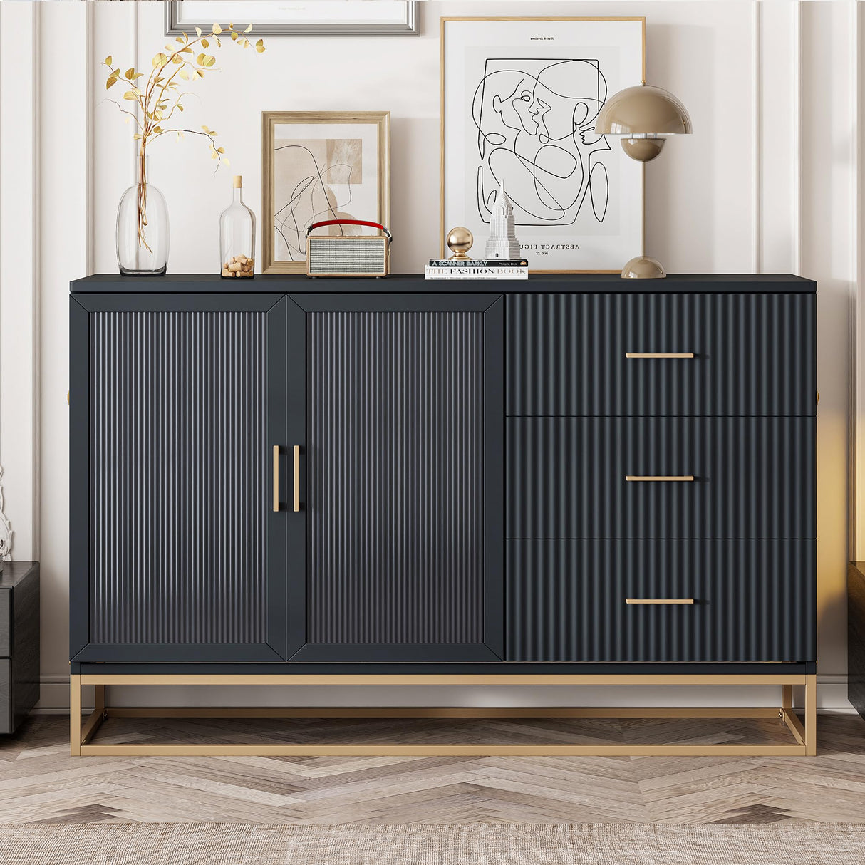 Queen Size Murphy Bed with Frosted Glass Doors Design, Fake Drawers, Metal Legs,Solid Wood Storage Bed for Small Spaces Apartments Studio (Black/S) Quarte