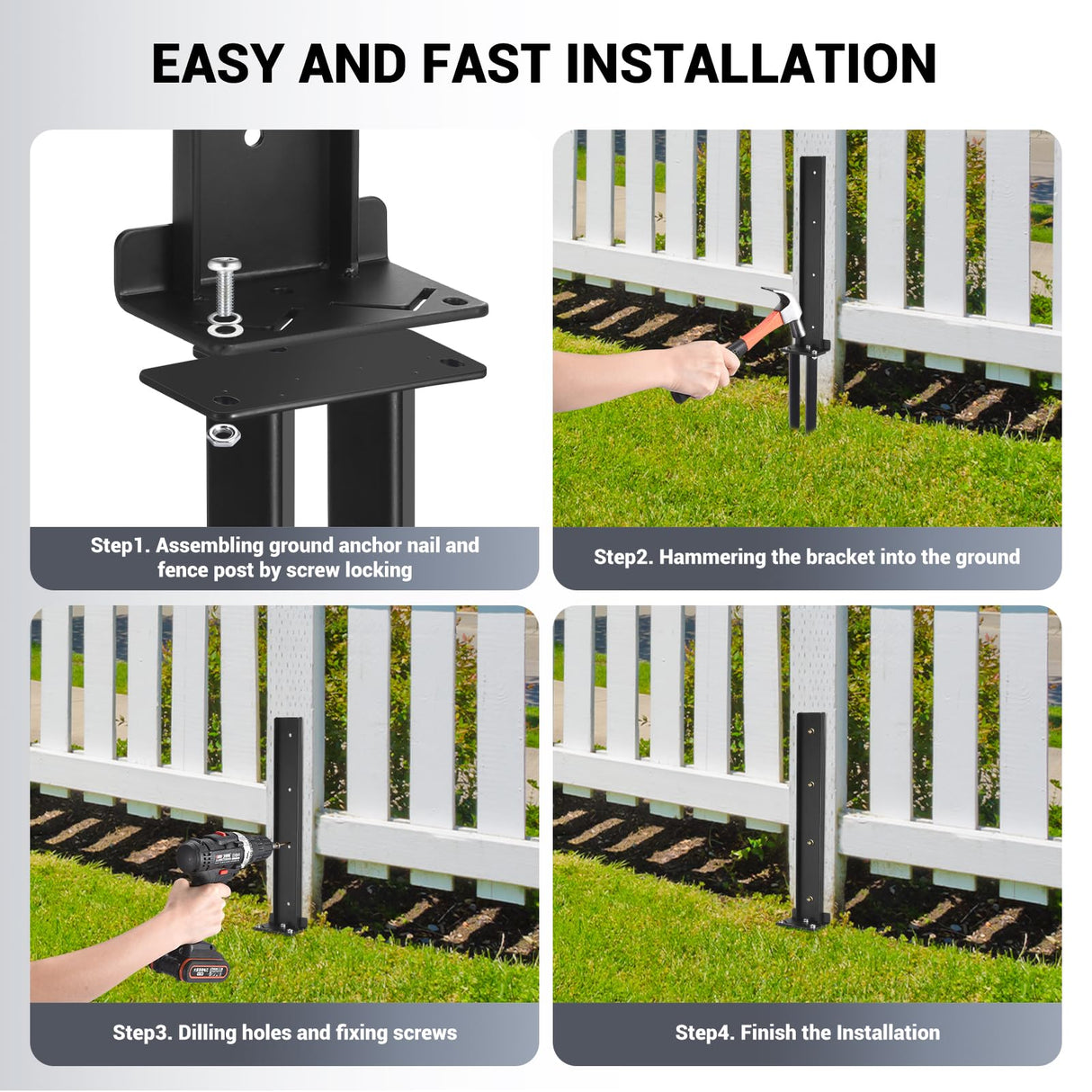 2 Pack Fence Post Anchor Kit, Heavy Duty Steel Fence Post Repair Stakes, Fence Post Anchor Ground Spike for Repairing Tilted Broken Wooden Fence ZZM