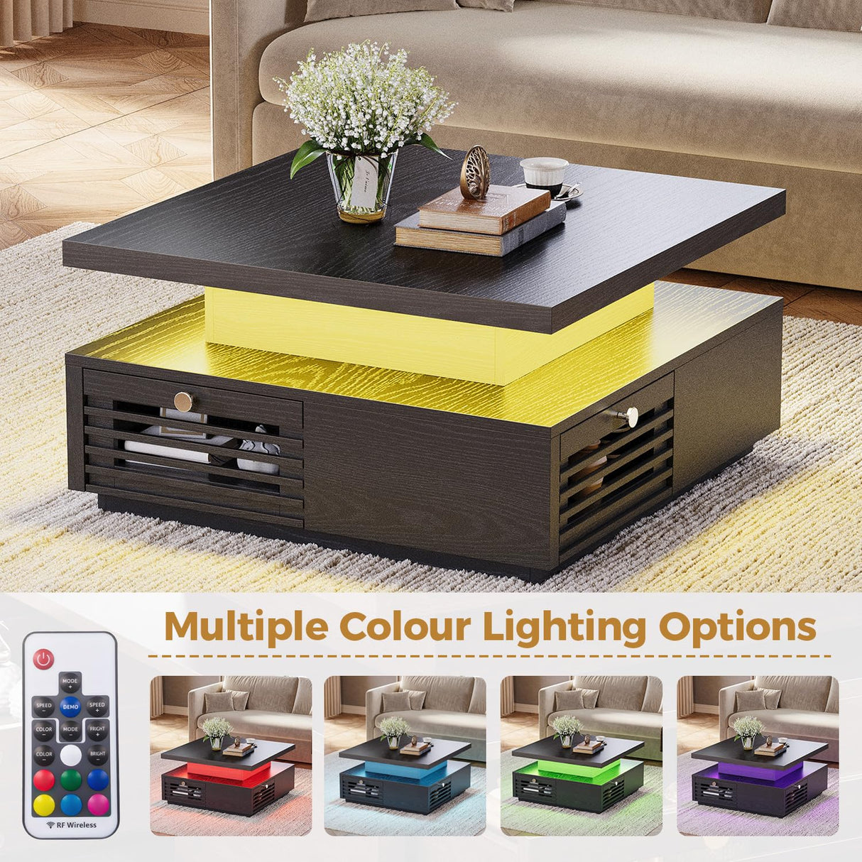 IRONCK Mid Century Modern Coffee Table with LED Lights & Charging Station, 4 Storage Drawers with Grille Design, Square Wood Coffee Table for Living Room Office, (Black) IRONCK