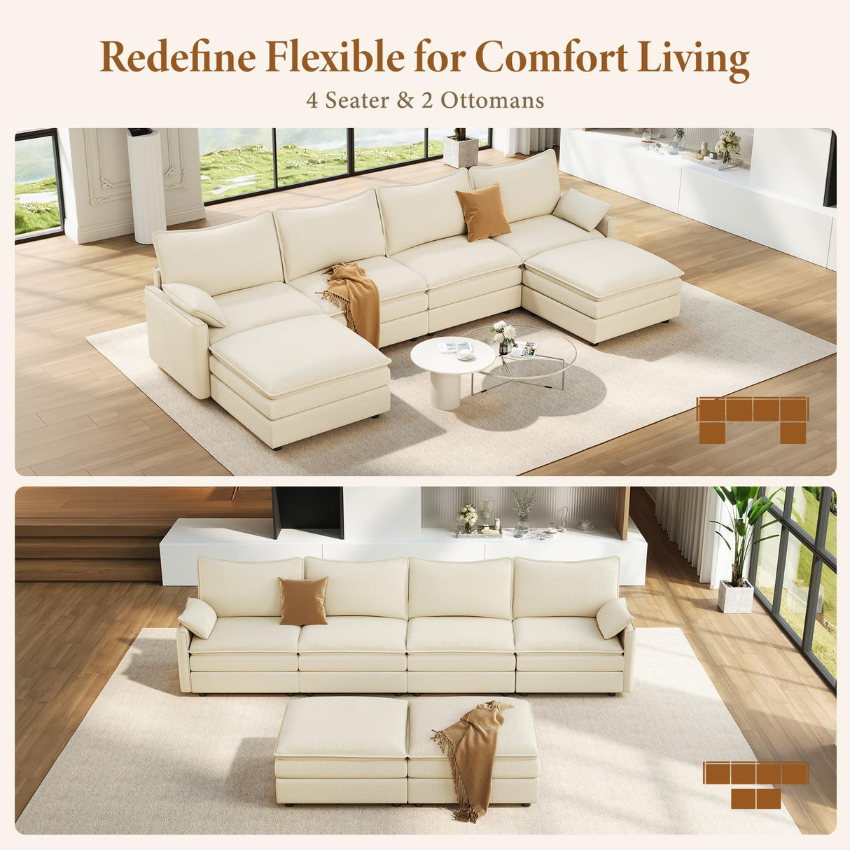 Vesgantti 142" U Shaped Sectional Couch, Comfy Cloud Modular Sectional Sofa with 2 Ottoman Deep Seat Chenille Modern Cloud Sofa, Modular Sofas for Living Room, Bedroom and Apartment, Beige Vesgantti