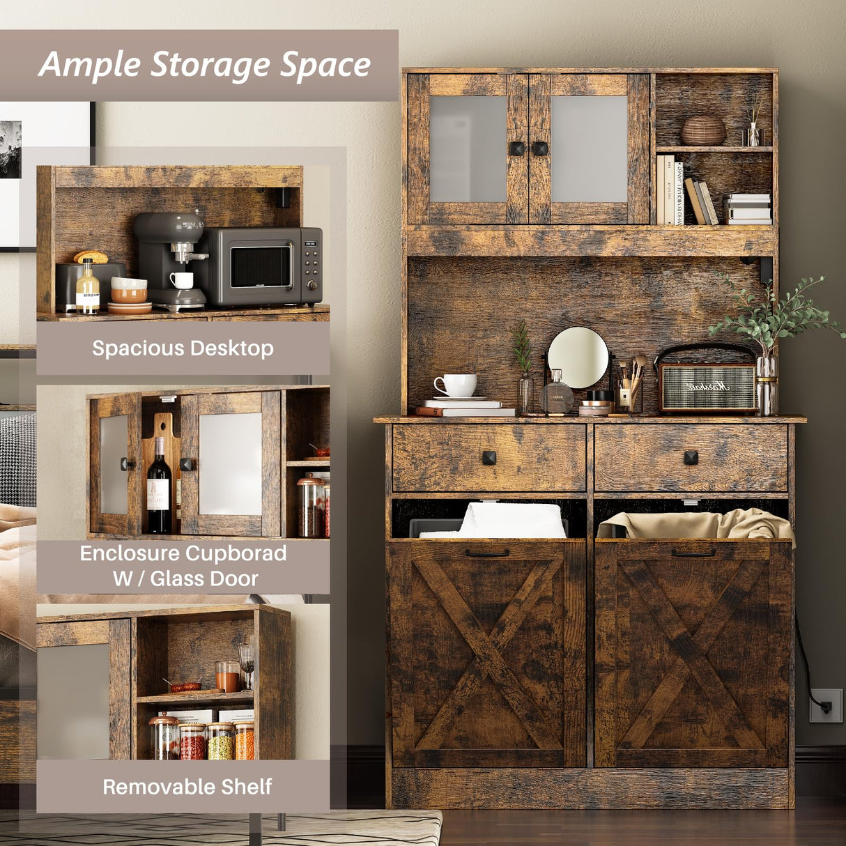 Redlife Double Tilt Out Trash Cabinet with Storage, 20 Gallon Double Tilt Out Laundry Hamper Cabinet, 67" Dual Hidden Garbage Cabinet Two Drawers, Kitchen Cabinet with Trash Can Storage (Rustic Brown) Redlifeᅟᅠ