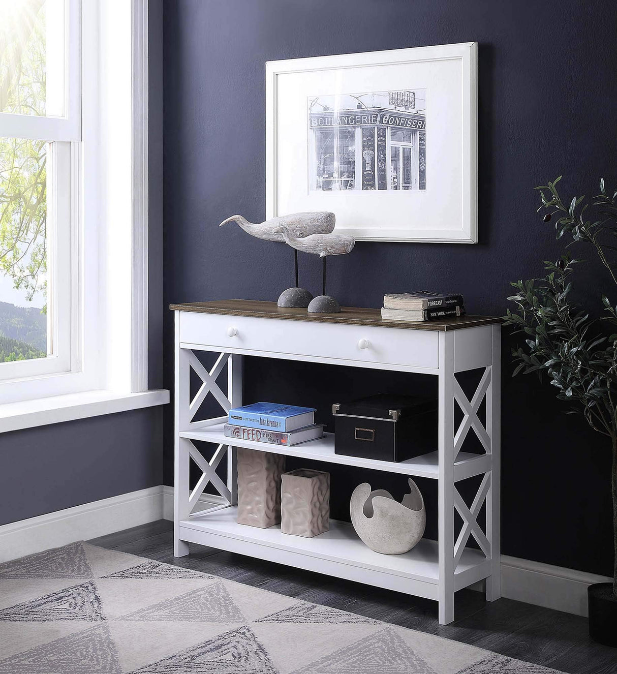 Convenience Concepts Oxford 1 Drawer Console Table with Shelves, Driftwood/White Convenience Concepts