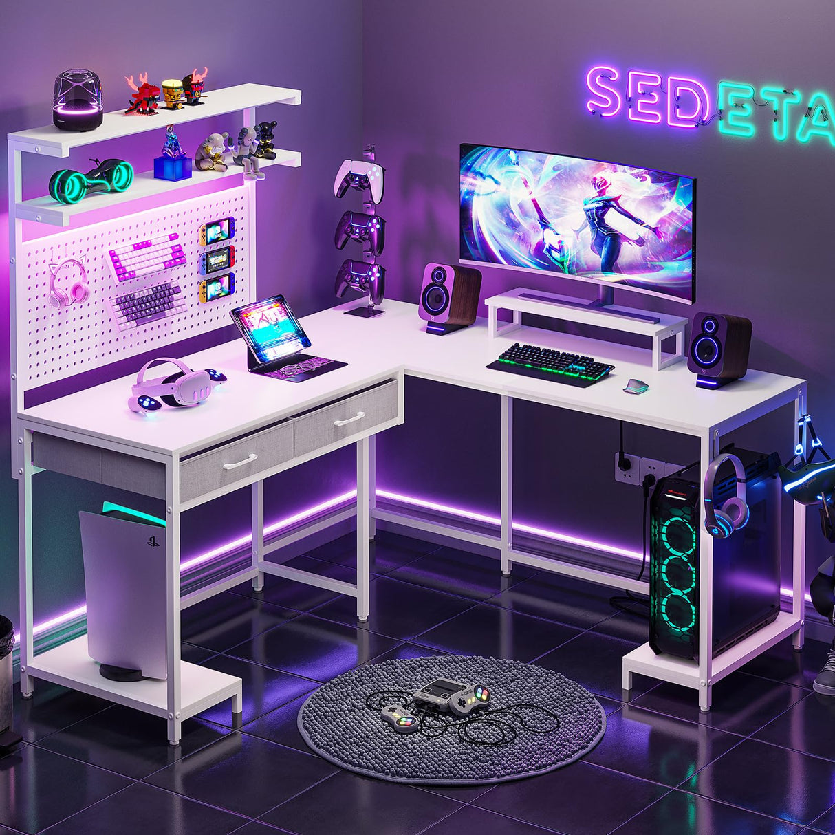 SEDETA White L Shaped Gaming Desk with LED Lights and Drawers, Gaming Desk with Hutch & Pegboard, Computer Desk with Monitor Stand, Storage Shelves, Home Office Desk Corner Desk, Gaming Table SEDETA