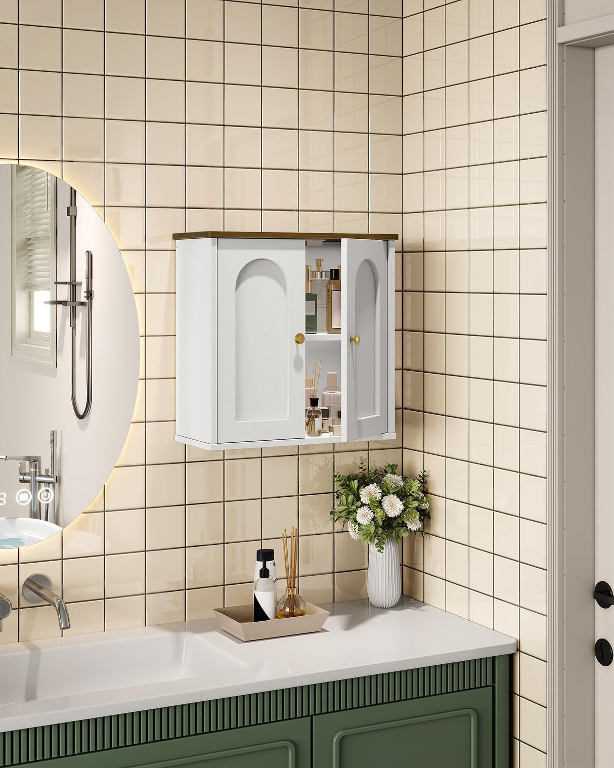 CHOEZON Bathroom Wall Cabinet, Medicine Cabinet with Adjustable Shelf, Modern Wall Cabinet with 2 Doors, Farmhouse Wall Mounted Storage Cabinet, for Bathroom, Living Room, Kitchen, White and Walnut CHOEZON