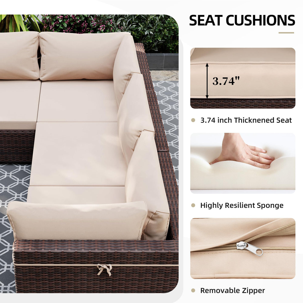UPHA 9 Pieces Patio Furniture Sets Outdoor Sectional Sofa Wicker Conversation Couch for Decks, Backyards, Gardens, Brown Rattan, Beige Cushion UPHA