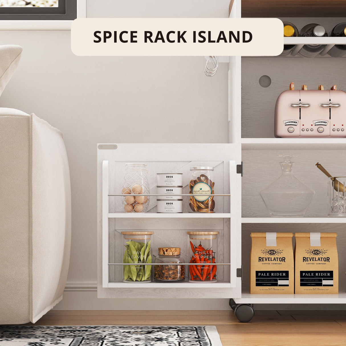 IRONCK Kitchen Island with Storage and Power Outlet, Rolling Kitchen Island on Wheels with Extendable Dining Table, Kitchen Cart with Wine Rack and 3 Open Shelves, White IRONCK