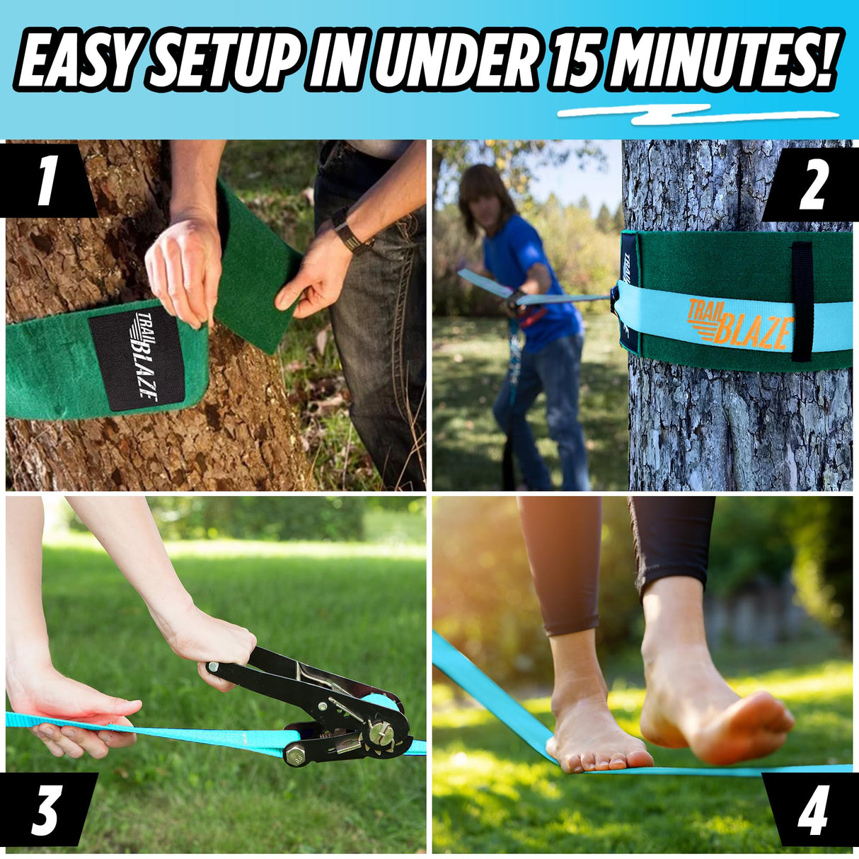 Complete Ninja Slackline Kit - 60ft Long Slack Line for Backyard for Kids & Adults with Ratchet Straps, Wider Tree Protectors - Slackline Kit for Ninja Warrior Obstacle Course for Kids Outdoor Playset Trailblaze