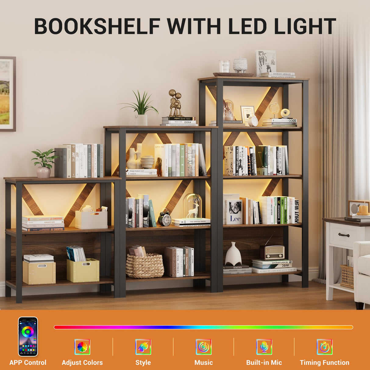 IDEALHOUSE 5 Tier Book Shelf with LED Lights, Brown Industrial Metal Display Book Case, Open Book Shelf Organizer, Tall Bookshelf, Heavy Duty Storage Bookcase for Bedroom Office Living Room IDEALHOUSE