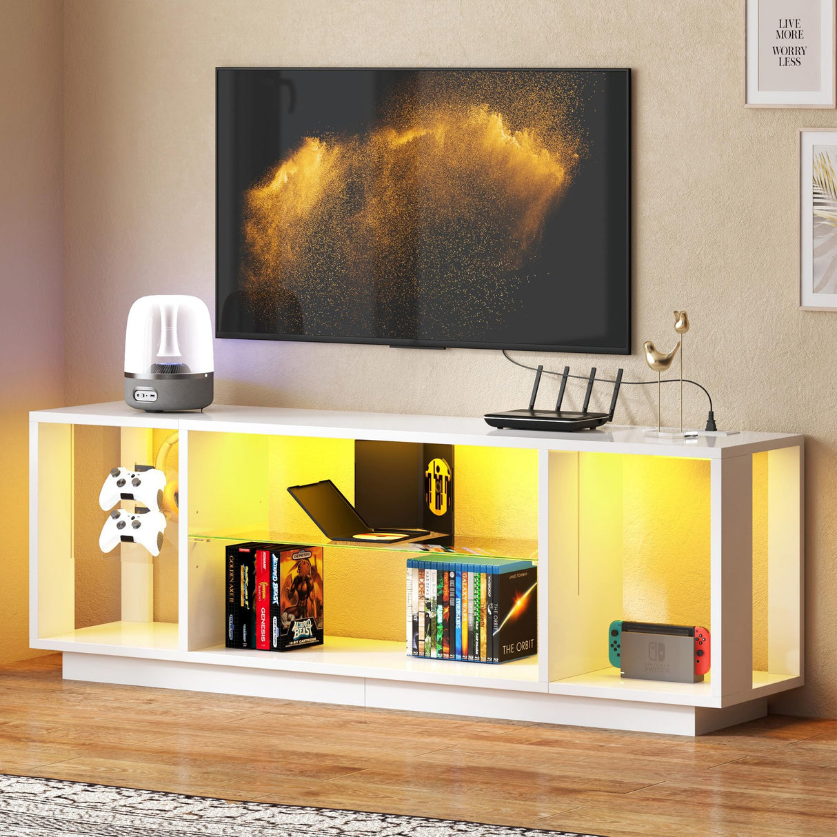 SogesPower LED TV Stand for 55/60/65” TVs,LED Entertainment Center with Charging Station and Adjustable Glass Shelves,TV Stand with Lights for Bedroom Living Room,Media TV Console with Storage,White SogesPower