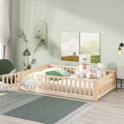 i-POOK Natural Twin Floor Bed Frame for Children with Safety Fence & Door