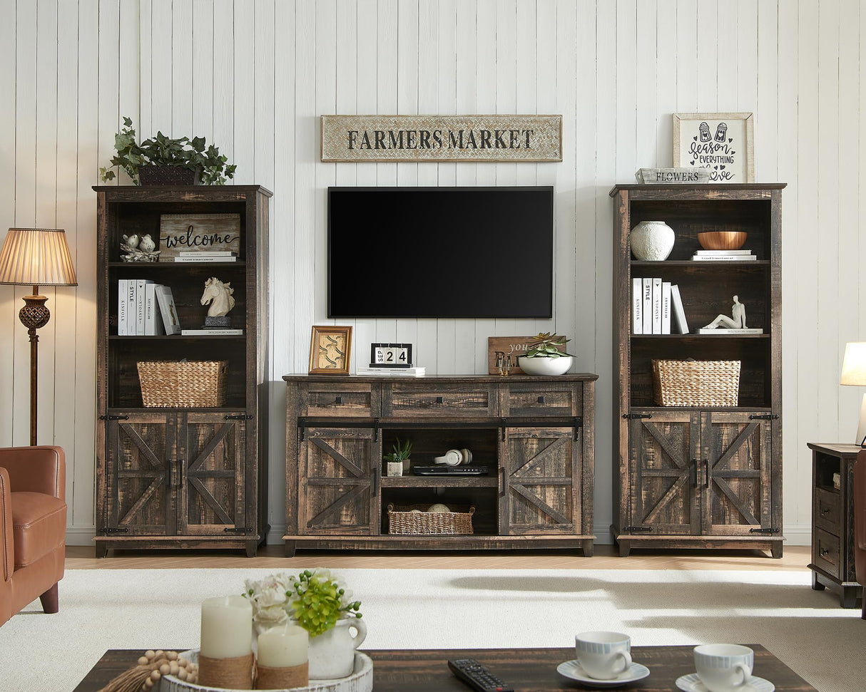 AMERLIFE Farmhouse Bookcase with Doors, 5 Shelf Bookshelf Storage Cabinet with Adjustable Shelves & Barn Door, Versatile Storage Pantry Cabinet for Bedroom, Living Room, Kitchen, Rustic Oak Black AMERLIFE