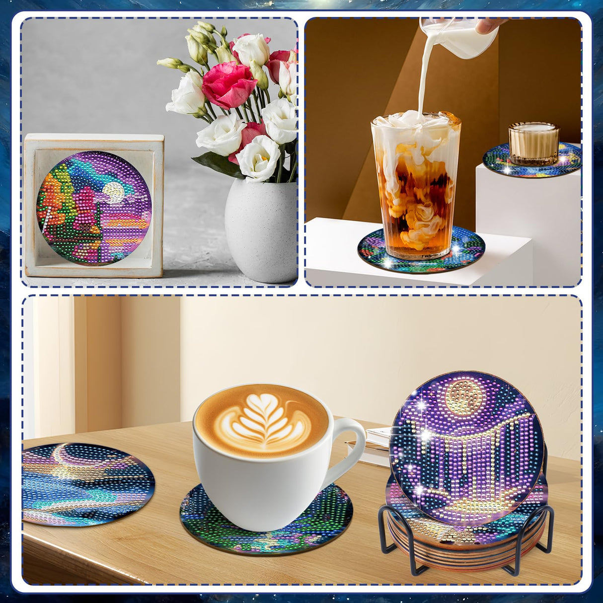 Sitsink Moon Landscape Diamond Art Coasters - 8 Pcs DIY Moon Landscape Northern Lights Adult Diamond Painting Coasters Kits with Holder for Adults Beginners Gift Crafts Supplies Sitsink