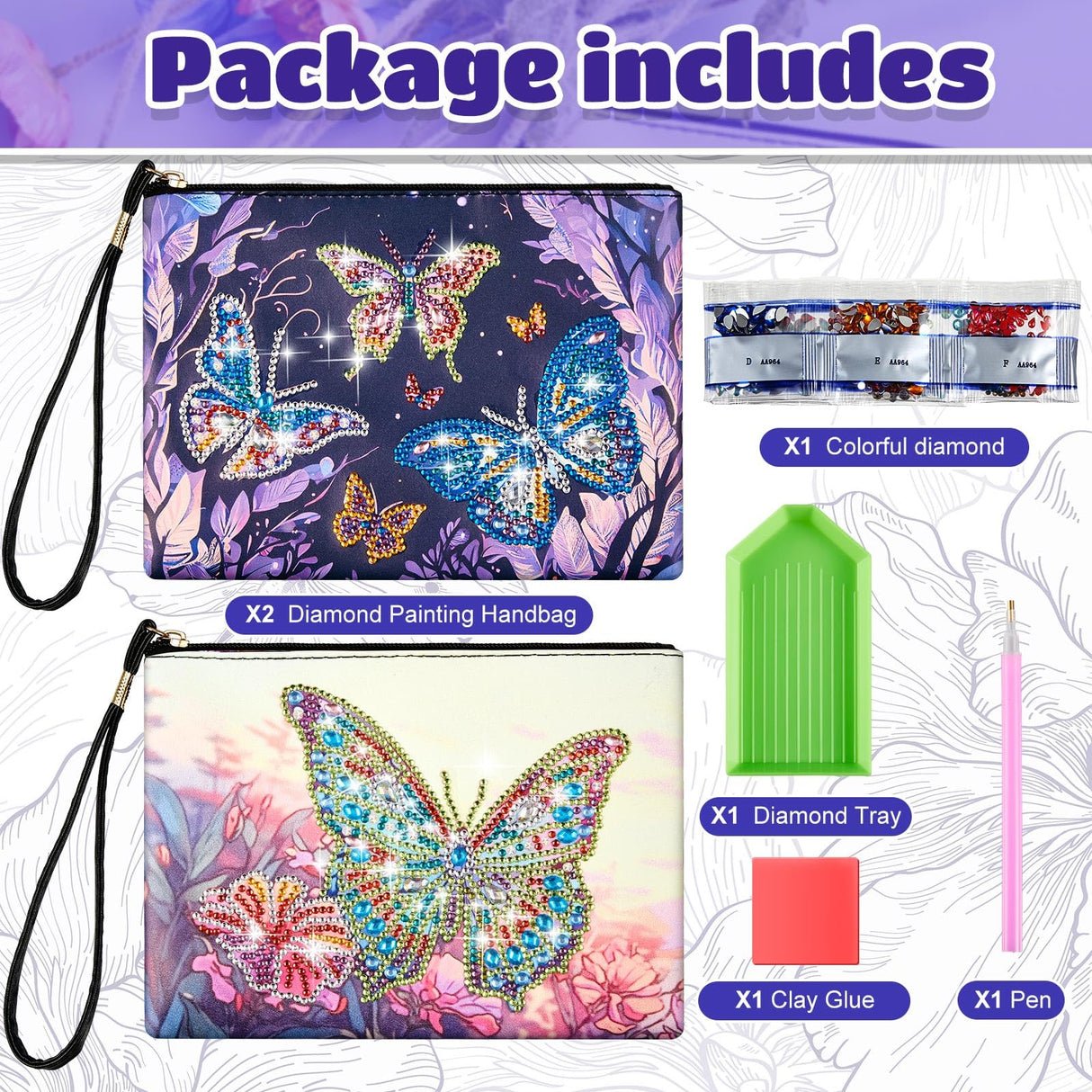 Geyoga 2 Pieces DIY Diamond Painting Purses 5d DIY Diamond Painting Handbag Art Wristlet Clutch Bag for Women Girls Art Craft Makeup Gift (Butterfly) Geyoga